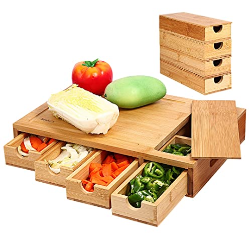 Premium Quality Natural Bamboo Meal Prep Chopping Board with 4 Storage Containers Kitchen Salad Fruit Veg Meats