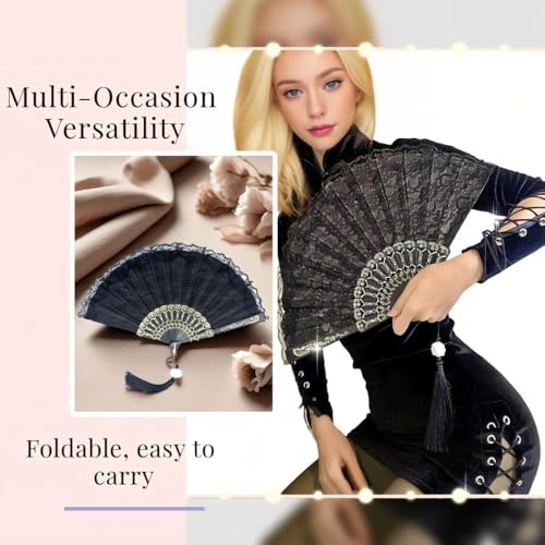 Image of Vintage Bridal Lace Hand Fan, Floral Embroidery Glitter Tassels Foldable | Wedding Dance Tea Party Gift for Women, Mother, Bride, Compact Retro Cosplay