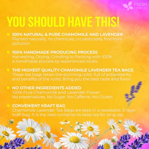 Image of FreshDrinkUS, Premium 60 Chamomile Lavender Tea Bags, Calming Herbal Blend Strong Support for Relaxation & Better Sleep | Naturally Caffeine-Free Bedtime Tea with Soothing Floral Aroma, 100% Natural, Hand-made No Sugar / Caffeine / Gluten, Vegan
