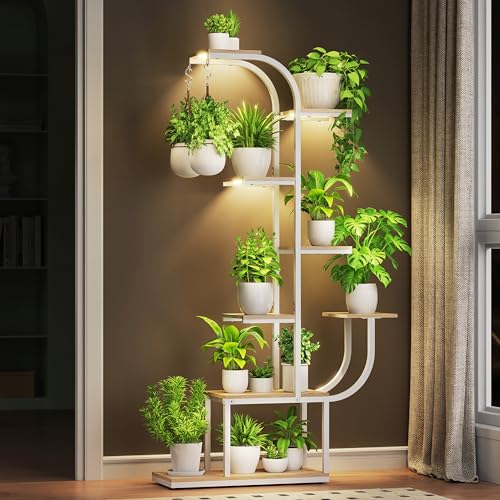 Image of White Plant Stand, 7 Tier Tall Plant Shelf with Grow Light, Large Curve Shaped Lighted Plant Stand for Multiple Plants, Indoor Home Decor Display Rack