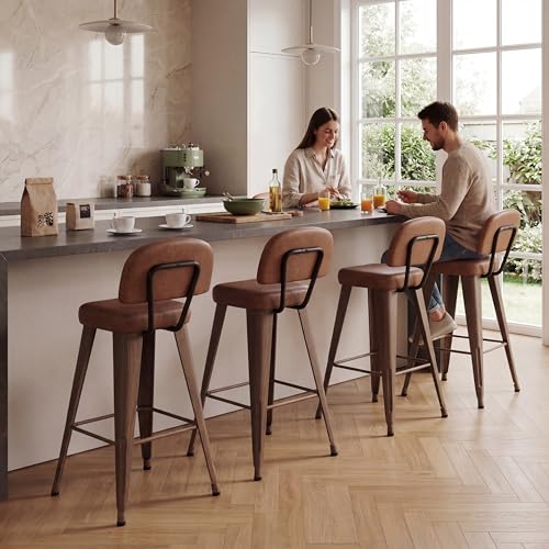 Image of Yongchuang 26 inch Bar Stools Set of 4 PU Leather Counter Height Stools with Back Metal Legs Upholstered Modern Kitchen Island Bar Chairs Walnut Brown