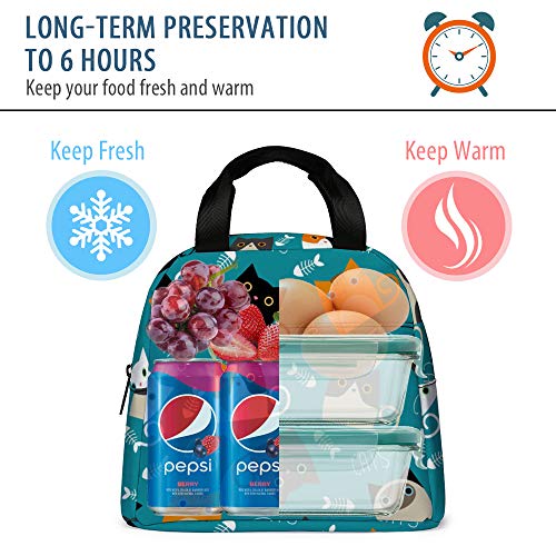Lunch Bag, Cute Kids Reusable Cooler Lunch Tote Bag Insulated Leakproof Lunch Box Container With Front Pocket For Girls Boys School Work Picnic (Teal Cat) #TOP2