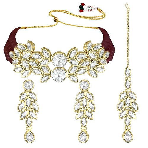 Image of Peora Gold Plated Bridal Crystal Pearl Choker Necklace with Drop Earrings Traditional Jewellery Set for Women