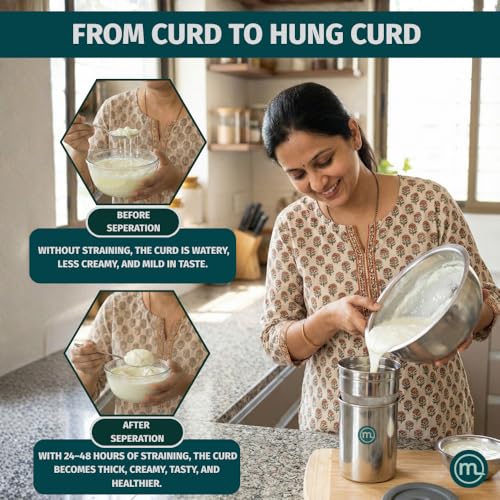 Image of Mishaa Steel Greek Yogurt and Hung Curd Maker 750ml, BPA Free Multipurpose Steel Strainer with Airtight Storage Container, for Making 200g Homemade Yogurt (Greek Yogurt Maker (750ml))