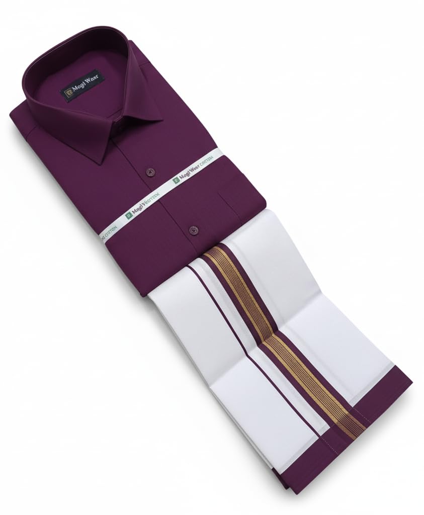 Dark Magenta Vesti Shirt Set for Men Cotton | Dhoti and Shirt Combo | Grape Purple Veshti Shirt Set | South Indian Dhoti Set | Lungi and Shirt for Men Ethnic Wear-image-44