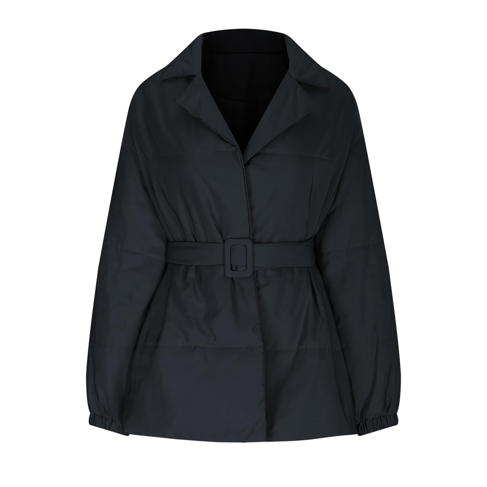 Piumino nero da donna lunghezza in vita | Cappotti leggeri da donna Uk Piumini invernali da donna alla moda a maniche lunghe aperto davanti piumini casual leggeri termici con cintura