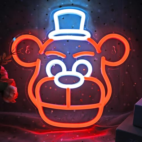 Cute Five Nights Bear Neon Sign, Anime Neon Light for Wall Decor Bedroom, Children's Room, Birthday, Festival Decorations, USB Powered Orange Color White, 11.8inch x 11.8 inch