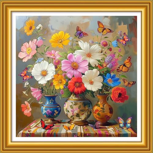 Image of Foxhool Stamped Cross Stitch Kits,11CT Printed Cross Stitch Pattern Full Embroidery Kits for Beginner Needlepoint Kits&Beautiful Flower vase 18x18 inch