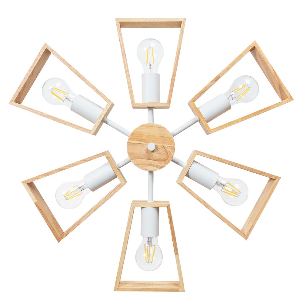 Żyrandol w salonie – LED sufitowa lampa z 6 białymi metalowymi gniazdami i drewnianą żaluzją – wisząca lampa na pręt – do domu i biura