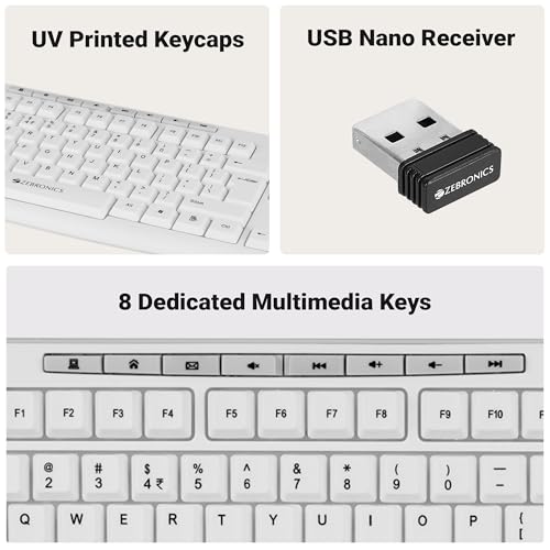 Image of Zebronics Wireless Keyboard & Mouse Combo, 112 UV-Printed Keys, ₹ Key, 8 Multimedia Keys, Retractable Stand, 3 Button Mouse, 1200 DPI, High Precision, USB Nano Receiver (Companion 112, White)
