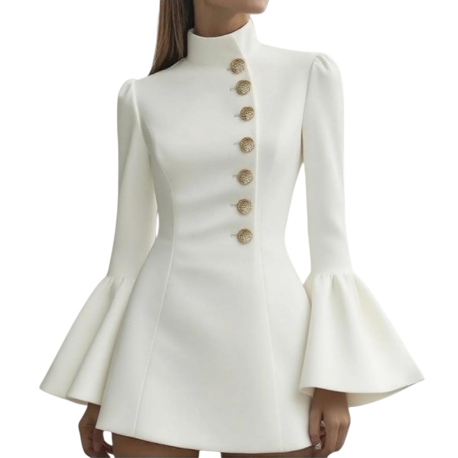 Womens High Neck Asymmetric Belted A Line Dress Tailored Midi Long Sleeve Office to Evening Dress Elegant Cut