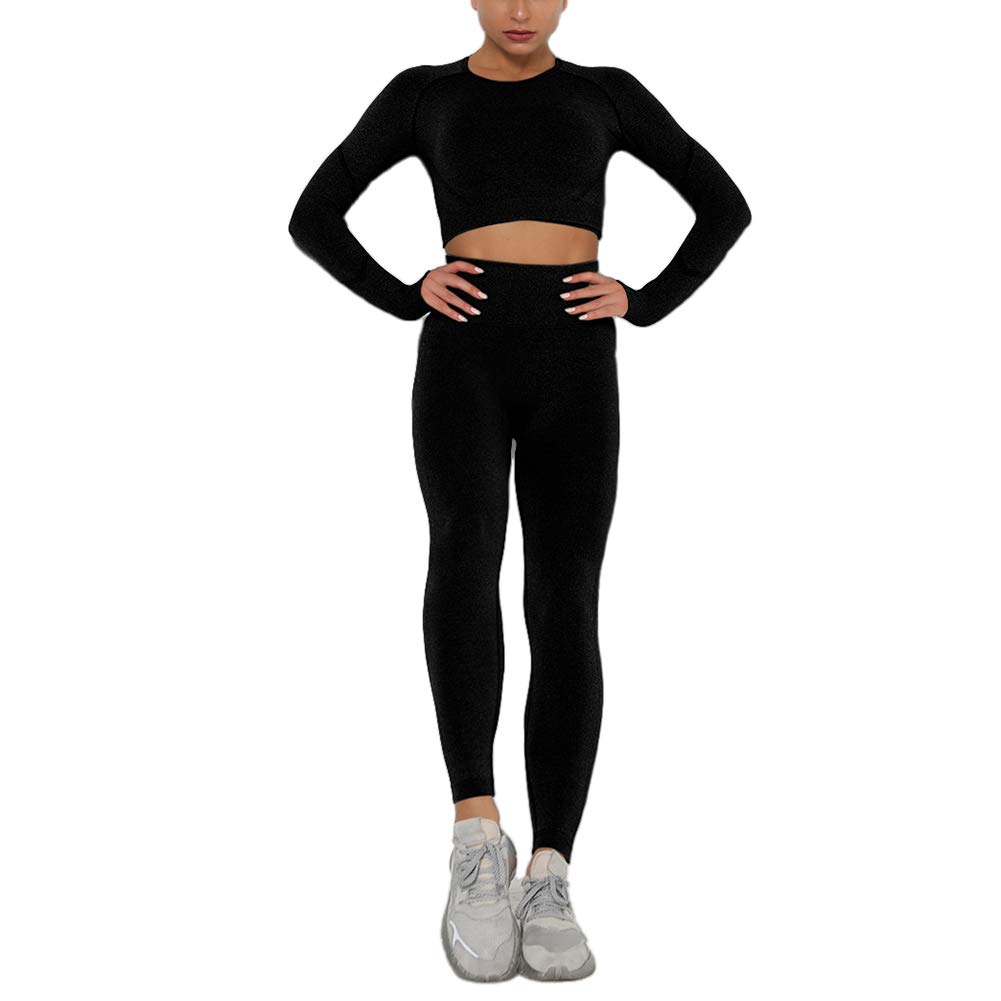 2 szt. zestaw damski joga fitness odzież sportowa bezszwowa fitness krótki biustonosz legginsy siłownia strój do biegania dres, Czarny, M