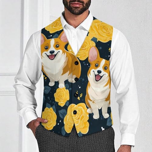Cute Corgi Dogs Yellow Roses Suit Vest for Men Slim Fit Sleeveless Jacket V Neck Business Waistcoat Button Up Dressy Top4