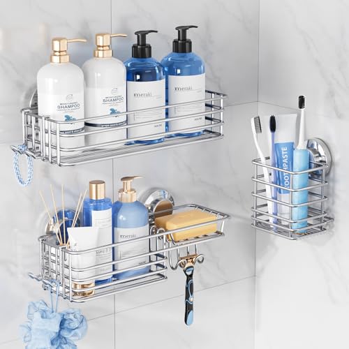 Image of TAILI Shower Caddy Suction Cup, 3 Pack Shelves for Inside with Hooks | Rustproof Silver Storage, Soap Holder, Toothbrush Cups, Removable Bathroom Organizer