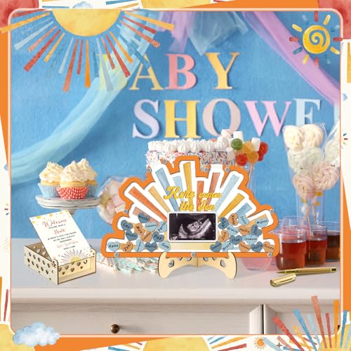 Image of Wenqik 63 Pcs Here Come the Son Baby Shower Guest Book Alternatives Set Baby Shower Decorations with Photo Frame Sonogram Frame Keepsake 60 Wood Slices Guest Book for Birthday