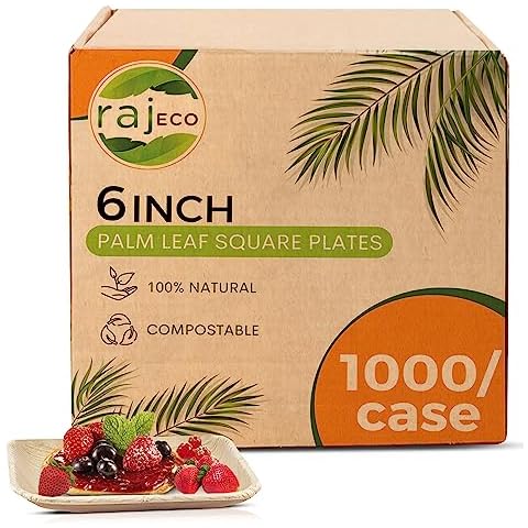 Raj Unique Collection Palm Leaf Plates Plates like Bamboo plates Disposable, Decorative Tableware wedding, Lunch, Dinner, Birthday, Camping, BBQ, Picnic (6/inch (Case I 1000 Pack)) Natural Cover