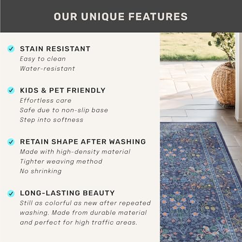 Image of Navy Blue Washable 2x3 Entry Rug - Small Front Door Mats Indoor, Non-Slip Boho Bathroom Rugs, Vintage Dark Decor for Kitchen, Entryway