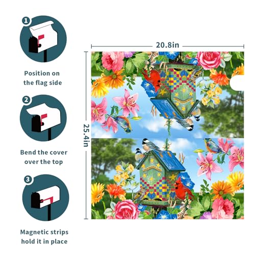 Image of Spring Summer Blooming Flowers Welcome Mailbox Covers Floral Birds Mailbox Wrap Magnetic Standard Size 25x21in Farmhouse Post Letter Box Cover for Home Garden Yard Outdoor Decor