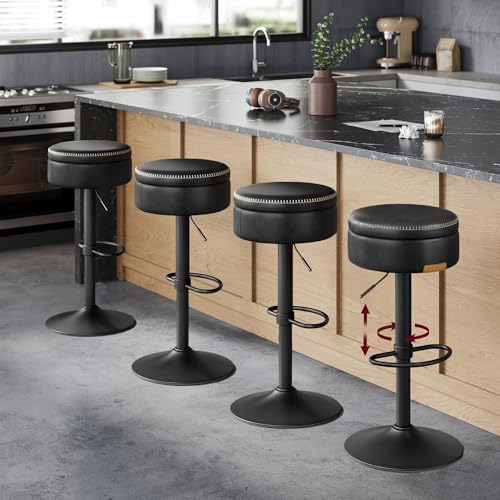 Image of VASAGLE EKHO Collection - 360 Swivel Bar Stools Set of 4, Height Adjustable Barstools with Storage, Synthetic Leather with Stitching, Mid-Century Modern, Kitchen Bar, Easy Assembly, Ink Black