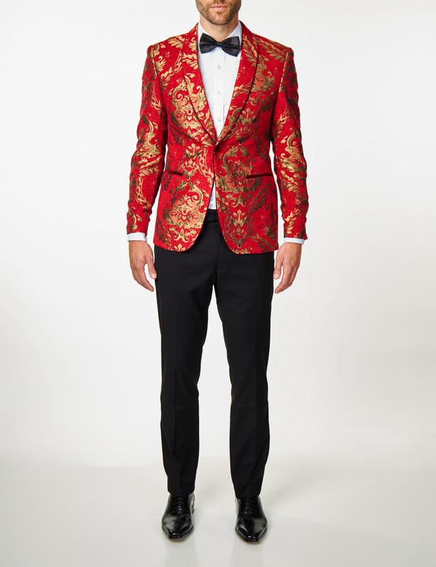Xposed Stampa Paisley Broccato da Uomo su Giacca Jacquard Rosso Cremisi Blazer da Festa su Misura