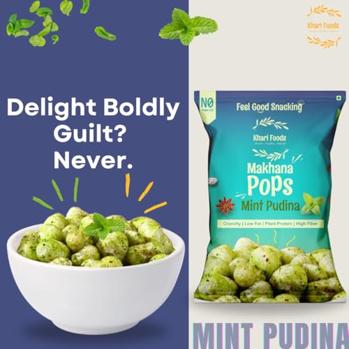 Image of Khari Foods Premium Flavoured Makhana 25g, Crunchy & Roasted Makhana Pops, Protein Source, Fibre Rich, No Palm Oil, Gluten Free (Mint Pudina Pack 4)