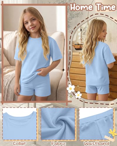 Image of Oakgarden Girls 2 Piece Outfits School Clothes | Back to School, Travel, Summer, Casual Sets, Athletic, Short Sleeve Top, Bike Shorts, Tween, Trendy, Matching Clothing, 5-14Y