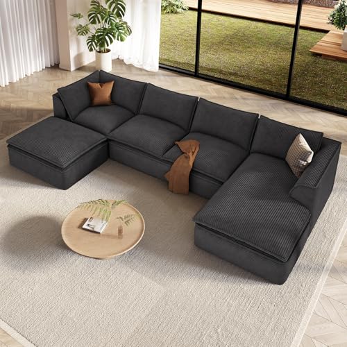 Image of Vesgantti 141.7 inch U Shaped Boneless Sectional Couch, Modern 6 Seater Modular Sofa with Chaise & Ottoman, Deep Seat Convertible Corduroy Cloud Couches for Living Room, No Assembly Required, Black