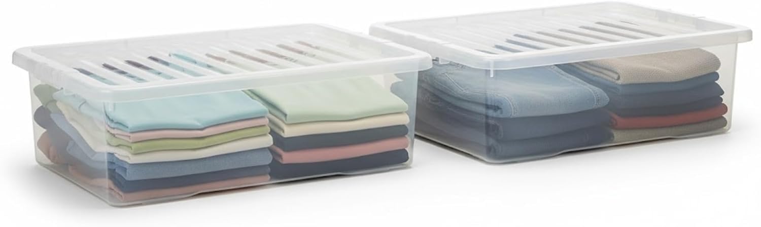 2 Pack 32L Underbed Storage Box with Clear Clip-On Lid - Clear Plastic Storage Container, 60 x 40 x 18cm - Stackable & Nestable Organiser For Clothes, Bedding, Shoes, Toys & Household Space Saving