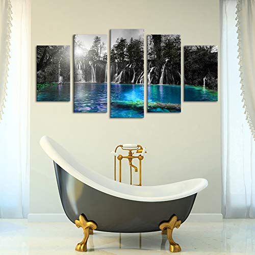 Sechars Large 5 Piece Canvas Wall Art Black And White Dreamlike Waterfall Picture Teal Blue Lake At Sunset Landscape Painting For Home Living Room Decor Modern Giclee Artwork Framed Ready To Hang #TOP1