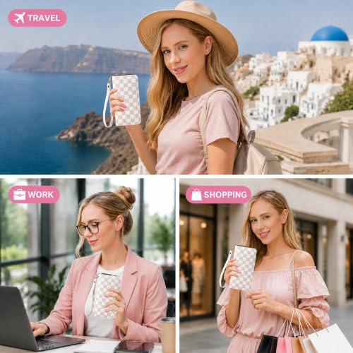 Image of Beige Checkered Wallet for Women, Zip Around Wristlet Wallet