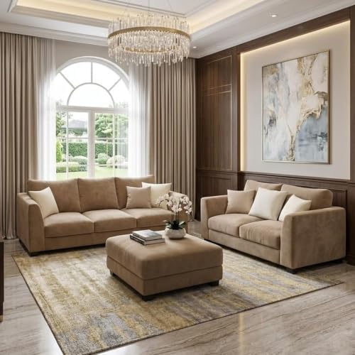 Image of SOCOZI Trevano 5 Seater Sofa Set with Ottoman (3 Seater + 2 Seater + Ottoman) | Soft Velvet Suede Fabric | Plush Comfort Cushions for Living Room (Beige)