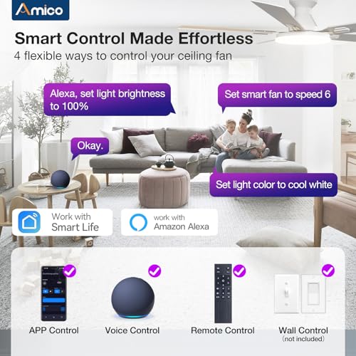 Image of Amico Ceiling Fans with Lights, 52'' Smart RGB Ceiling Fan with Remote /APP /Alexa Control, Flush Mount, Reversible DC Motor, 5 Blades, 6 Speeds, 3CCT, Dimmable, Noiseless, Bedroom, Living Room, White