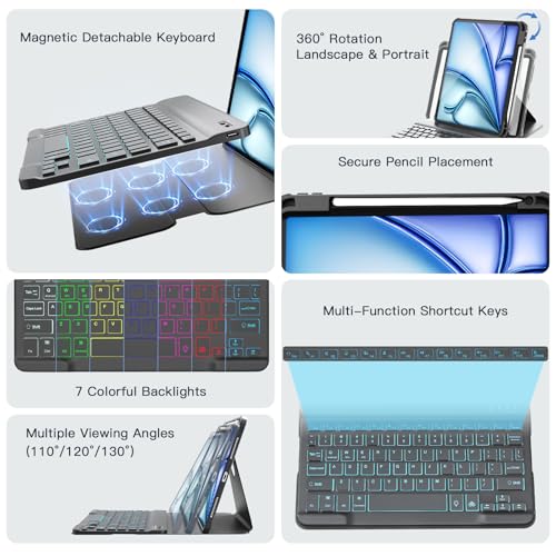 Image of RAYMCRAFT for iPad Air 11-inch Case with Keyboard M4 /M3 /M2 (2026 /2025 /2024), 360 Rotatable Case & Detachable Wireless Keyboard for iPad Air 5 /4th, 7-Color Backlit, Precision Cutouts, Pen Holder,Black