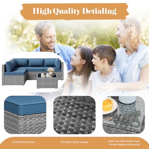Image of Vongrasig 5 Pieces Outdoor Sectional Furniture, All-Weather Rattan Patio Furniture Set, Wicker Patio Sectional Couch with Cushion, Glass Table, Navy Blue