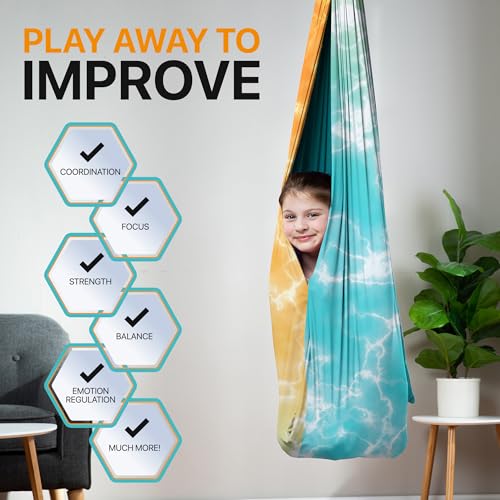 Image of Indoor Sensory Swing for Kids or Outdoor - Holds 300lbs, Double-Layer, & 360 Swivel, Calming Compression Therapy Swing Hammock for Kids & Adults with All Hardware - Sensory-Motor Toys & Gifts