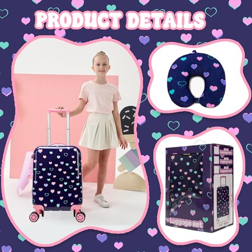 Image of Kid's Luggage Set 2 Piece Suitcase Set Hardside Luggage with Spinner Wheels Girls Carry on Toddler Travel Rolling Suitcase with Neck Pillow Airline Approved