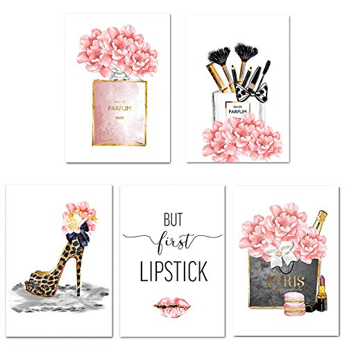 Lodintech Fashion Canvas Wall Art Girls Bedroom Wall Decor Pink Flower Perfume Unframed Art Prints Fashion Posters Living Room Women Office Decorations Red Lip Makeup Brush High Heels Paintings (5pcs 8x12'')