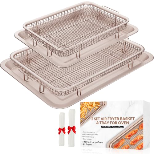 Image of Air Fryer Basket for Oven, OPENICE 2 Set Oven Air Fryer Basket and Tray with 60 Pcs Parchment Papers, Air Fryer Pan Crisper Tray Set for Crisping, Frying - Golden