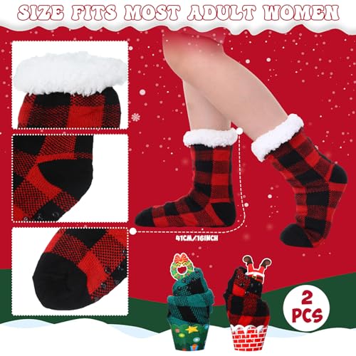 Image of Suhine 2 Pairs Christmas Slipper Socks for Women Fuzzy Cupcake Socks with Gift Boxes Plaid Socks for DIY Winter Xmas Gift