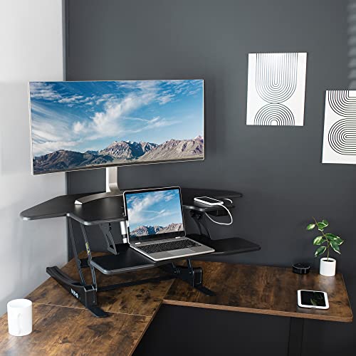 Vivo 43 Inch Corner Electric Height Adjustable Cubicle Stand Up Desk Converter, Ve Series, Sit To Stand Tabletop Dual Monitor Riser With Usb Port, Black, Desk-V000Vce #TOP1
