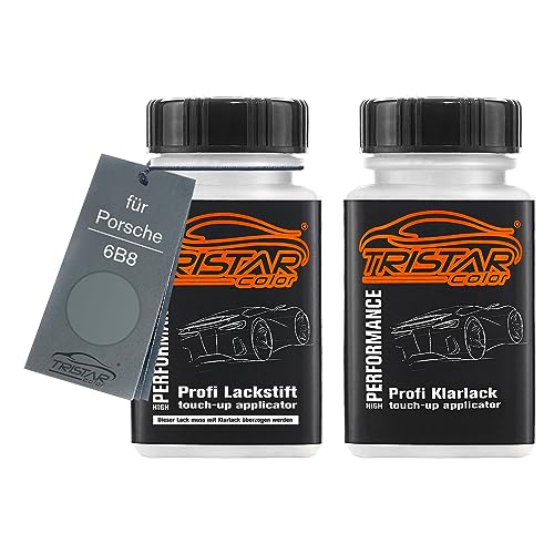 TRISTARcolor Vernice per auto Kit stilo di ritocco per Porsche 6B8 Grigio Titano Metallic Vernice di base vernice trasparente ognuno 50ml