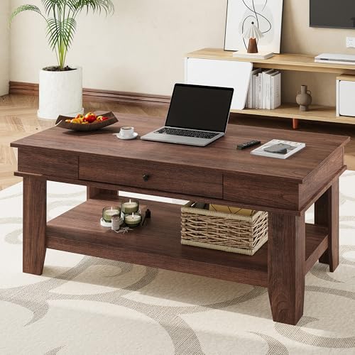 IDEALHOUSE Walnut Coffee Table with Drawer, 47.2' Center Table with Storage Shelf, Rustic Coffee Tables Long Living Room Furniture, Sturdy and Easy to Clean, Holds 300 Pounds in Total