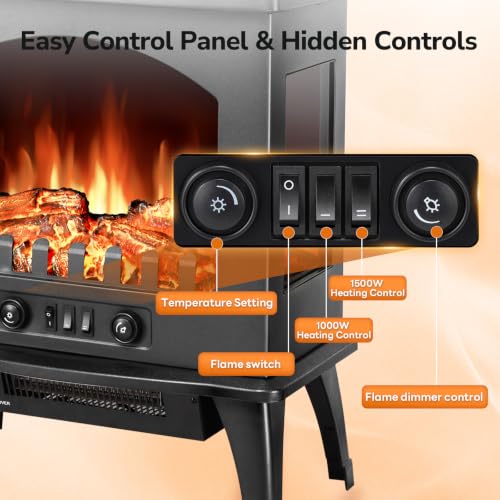 Image of Electric Fireplace Stove with 3D Flame Effect, 1000 /1500W & Flame-Only Mode