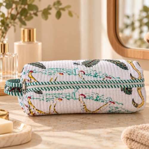 Image of Dyson Airwrap Travel Storage Bag Compatible with Hair Styler & Attachments - 100% Cotton Quilted Organizer with 6 Compartments & Carry Handle |Multi use Toiletry, Makeup & Hair Pouch (Cheetah-White)