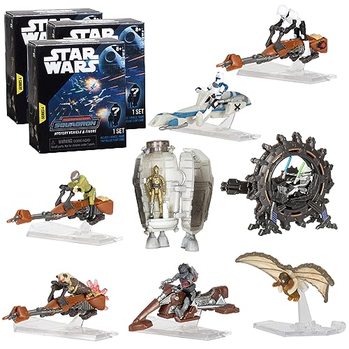 Jazwares Star Wars Micro Galaxy Squadron Speeder Mystery Box Set, 3-Pack - Serie 4 - Recibe 3 de 5 mini vehículos y figuras coleccionables surtidos, gran regalo para niños, niñas, y adultos - A partir