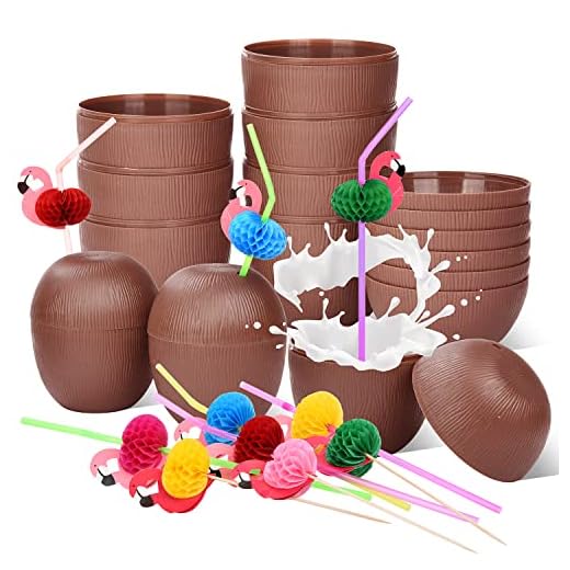 NINU 12 Pack Coconut Cups with 12 Flamingo Straws and 12 Cocktail Drinking Flamingo Picks,Tropical Hawaiian Luau Tiki and Beach Party Decorations for Kids and Adults