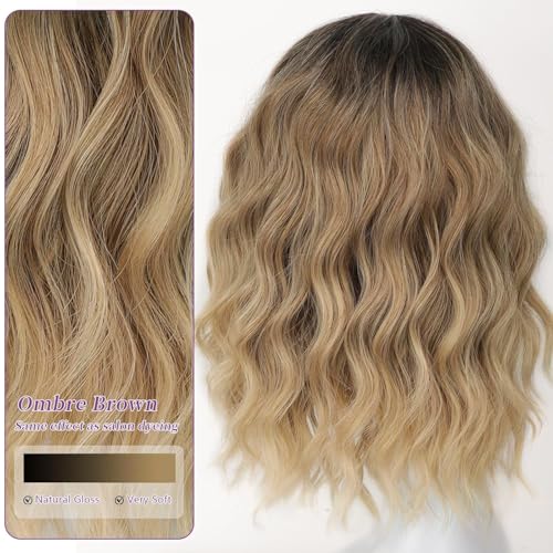 Image of AISI HAIR Synthetic Wavy Curly Bob Wig with Bangs Ombre Blonde Mixed Short Hair for Women Synthetic Heat Resistant Bob Wigs