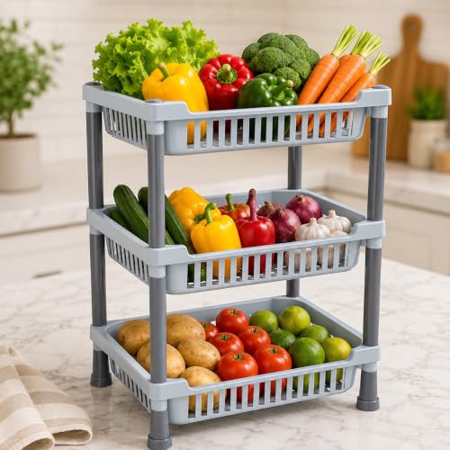 Image of Clazkit 3-Layer Kitchen Rack | Multipurpose Storage Organizer for Kitchen, Fruits & Vegetables, Bathroom & Utility Room | Durable Space-Saving Rack with 3 Spacious Shelves | Easy to Assemble