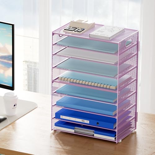 Image of Marbrasse Paper Organizer Letter Tray, 9 Tier Mesh File Organizer with Handle, Paper Sorter Desk Organizer for Home Office Supplies - Purple