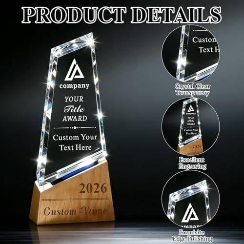 Image of Custom Crystal Award Trophy, Personalized Trophy with Company Logo & Text